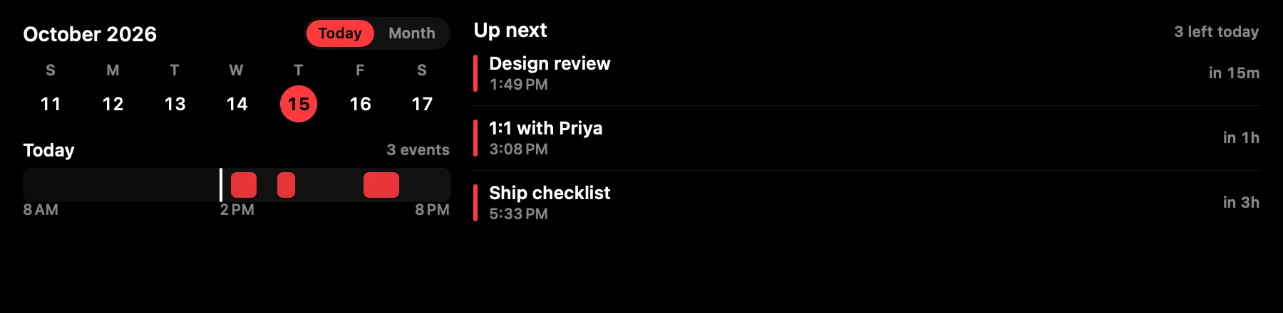 The Calendar tool: the week, today and what is up next