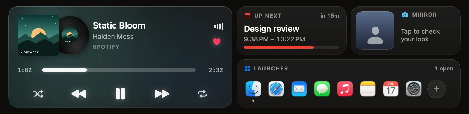The Notchix Home screen: music player, up next, mirror and launcher